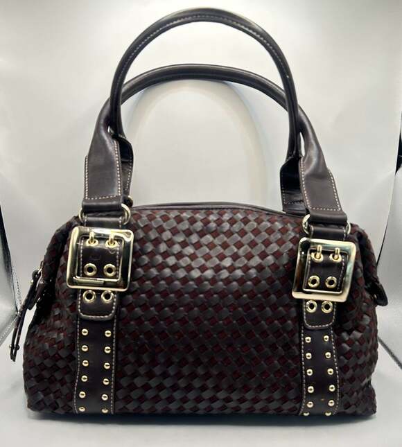 Prizzi Handbags - Vintage Brown Woven Satchel with Gold Tone Buckle Detail